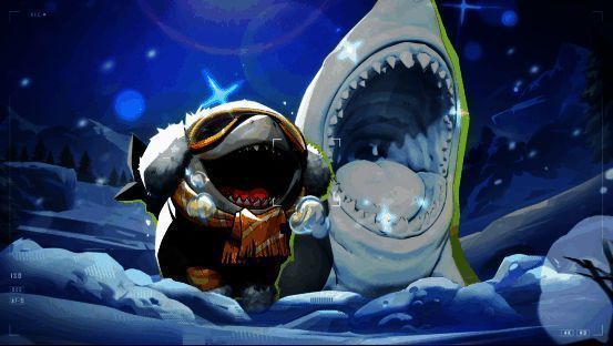 五位超级英雄身穿冰雪主题新制服的立绘展示，背景为飘雪的极地城市，光影细腻