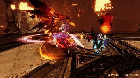 战斗场景动态图，角色在危急时刻变身幻灵，周身燃起金色火焰，释放大范围技能击退敌方多名敌人