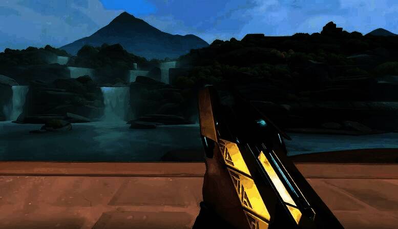 玩家手持獠犬在地图中行进的实战场景，枪口火光闪烁，背景为夜战模式下的城市废墟