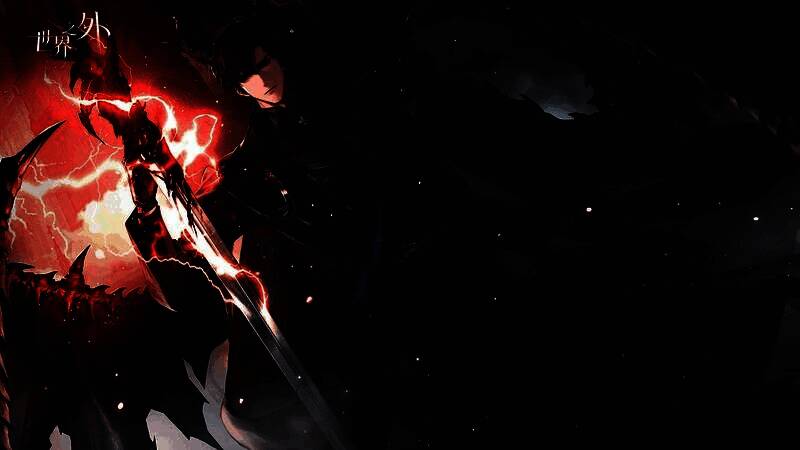 顾时夜立于地狱王座之上，冷峻注视着被锁链束缚的人类主角，火焰背景映照出压抑而神圣的氛围