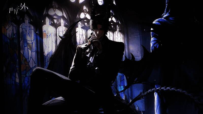 易遇背光而立，脸上带着温柔笑意，手中浮现黑色契约之纹，气氛温馨却暗藏危险