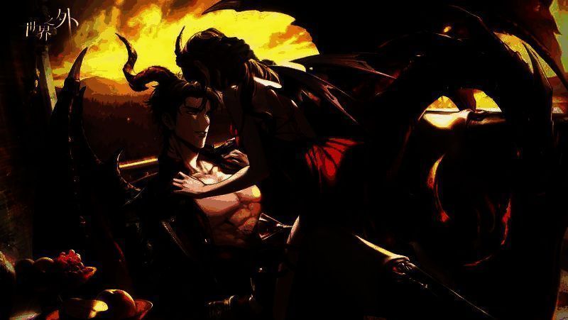 柏源贴近主角耳畔低语，眼神炽热，周围弥漫着迷幻的红雾与锁链光影