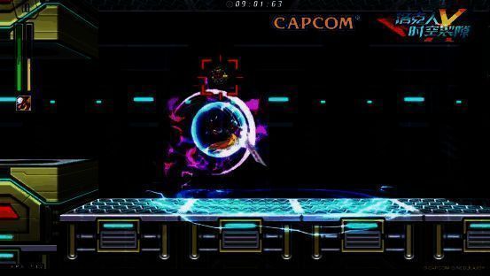 关卡战斗画面，主角在布满激光陷阱的工厂环境中跳跃躲避，准备攻击空中敌人