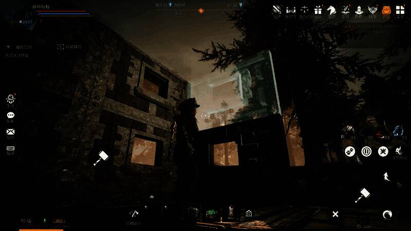 一座悬浮于山巅的魔法城堡，周围环绕着飞行守卫和能量护盾，下方有玩家在忙碌建造