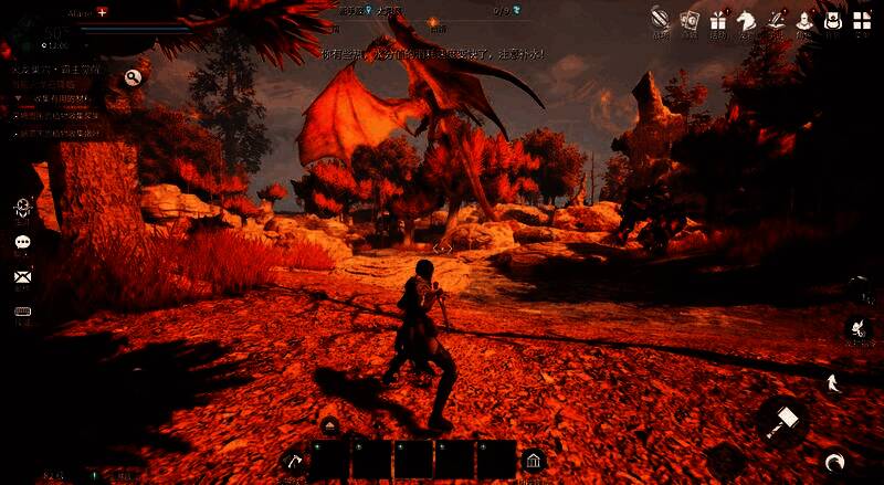 游戏实机画面展示，一片被魔法风暴席卷的森林，树木扭曲，天空呈现紫色极光，视觉效果惊艳