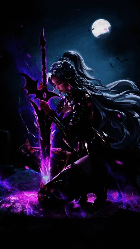 席娜身穿‘幽夜清辉’皮肤，银发飘扬，手持翼龙之刃与魔法阵共鸣释放技能