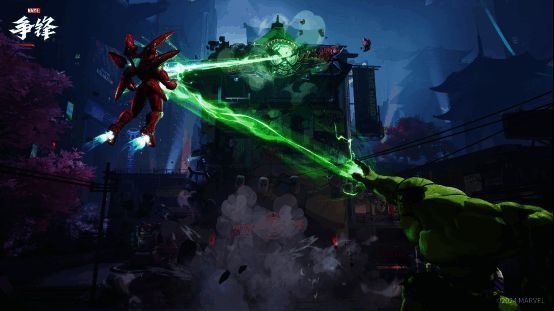 《漫威争锋》战斗场景截图，英雄释放大招瞬间，特效绚丽，战场氛围紧张