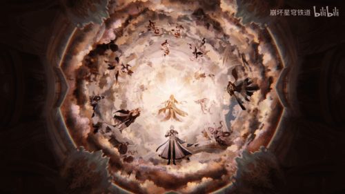 PV中黄金裔角色群像展示，八位角色各具神态，背景为古老神殿