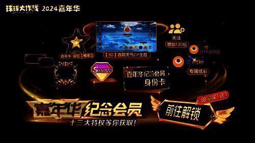 嘉年华纪念会员特权展示页面，八大权益逐一列出，界面华丽，突出‘限时限量’标签