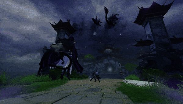 玉玑子释放技能，身后浮现多条光影巨龙，地面震动，能量汇聚成球