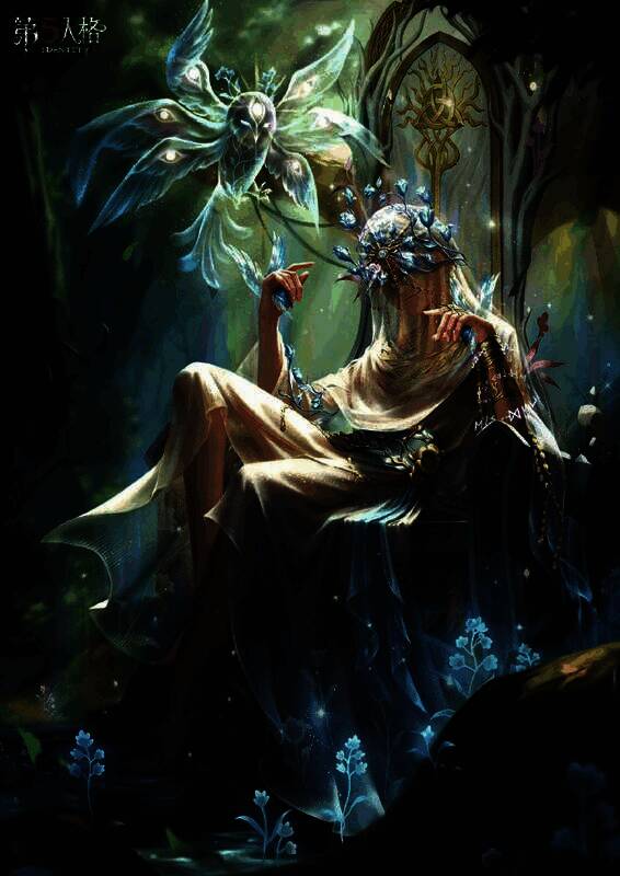 先知身穿纯白轻纱长袍，头戴透明花冠，赤足站立于盛开的花丛中，周围漂浮着发光的役鸟，整体氛围神圣而空灵