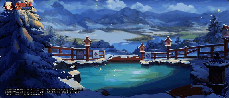 忍者们在温泉中放松，蒸汽袅袅，周围点缀着灯笼与雪花，画面温馨惬意