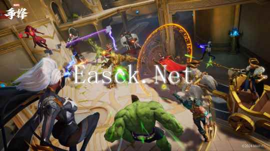 游戏宣传图展示多位英雄集结画面，背景为多元宇宙星空