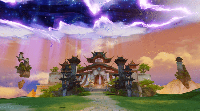 九黎上空出现巨大时空裂缝，星光闪烁，天空呈现不自然的扭曲光影，气氛诡谲而震撼