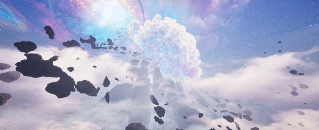 倒塌的若木与悬浮碎石构成末日图景，天空泛着诡异七彩光芒，九黎主城残垣断壁遍布