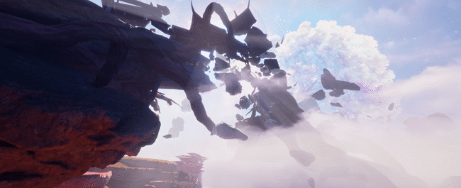 白水台断裂桥梁漂浮空中，四周雾气缭绕，地面龟裂，环境充满破败感