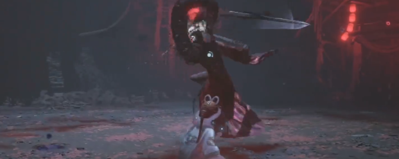 《明末：渊虚之羽》BOSS战实机画面：鬼新娘方灵悬浮半空释放红色血雾，主角持双刀疾冲而上，刀光与嫁衣红焰激烈碰撞，地面浮现蛛网状裂痕与金色符文残影