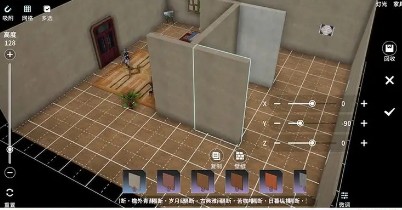 家园编辑器操作界面，画面中央为半透明悬浮的「浮空水晶吊灯」模型，四周环绕吸附点提示与实时阴影预览，背景可见已布置好的落地窗与室内绿植墙