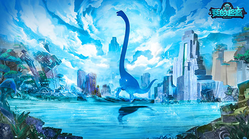 《我的起源》时光版本概念主视觉图：未来感十足的起源星球悬浮于星轨之间，冰蓝与鎏金光效交织，地面隐约可见钢铁陆行鸟奔袭剪影，整体呈现科技与生态共生的崩坏重生美学