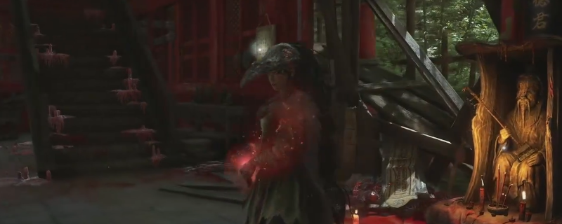 《明末：渊虚之羽》游戏内蜀王祠场景截图：古朴明代建筑群环绕中，一座青铜鸱吻雕像矗立于青砖台阶之上，其兽口微张，隐约可见幽蓝色符文流转，周围飘散着半透明的墨色纸鸢残影