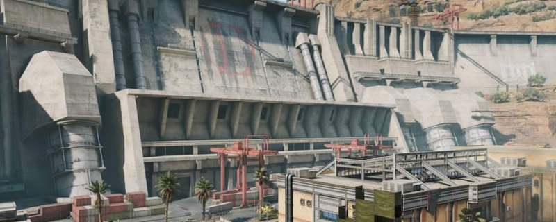 《三角洲行动》零号大坝地图俯视全景图，可见中央巨型水坝主体结构、两侧山体掩体、多条主干道及散布的集装箱与建筑群，整体布局开阔且富有战术纵深