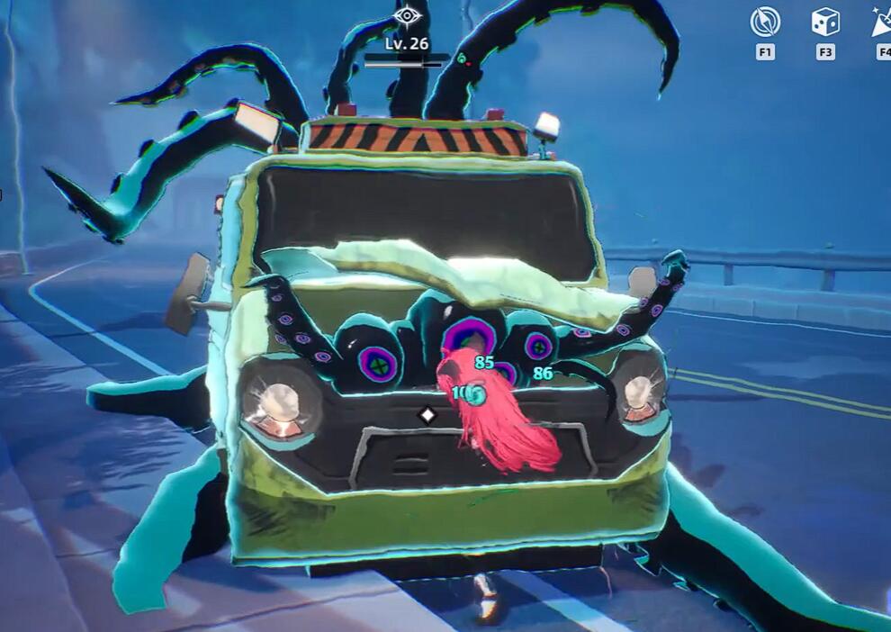 车库界面特写：‘章鱼克星’涂装预览效果，车辆模型静置于霓虹灯下，车身蓝紫渐变底色上，数十条发光章鱼触须正随鼠标拖拽缓缓律动