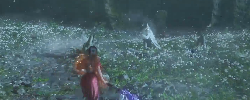 《明末：渊虚之羽》游戏内赵云Boss战斗实录画面：银甲武将持雷光长枪腾跃半空，玩家角色手持泛蓝电弧的巨斧奋力上挑，背景火光与雷云交织，UI显示‘硬直中’红色提示