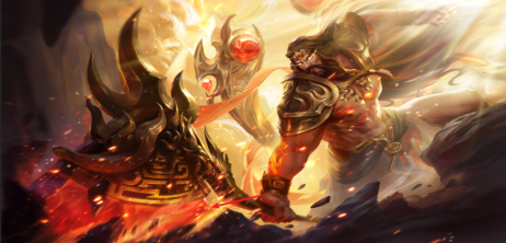 水墨风格动态立绘：盘古傲立混沌漩涡中央，双目如炬，开天巨斧斜指苍穹，身后隐约浮现初分的天地轮廓与三道缥缈神光（象征三清）