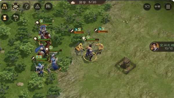 游戏战斗特写画面：典韦跃入敌阵中心，周身迸发橙色范围攻击特效，周围六名黄巾士兵呈现受击僵直状态，背景可见曹操立于安全高地挥旗指挥