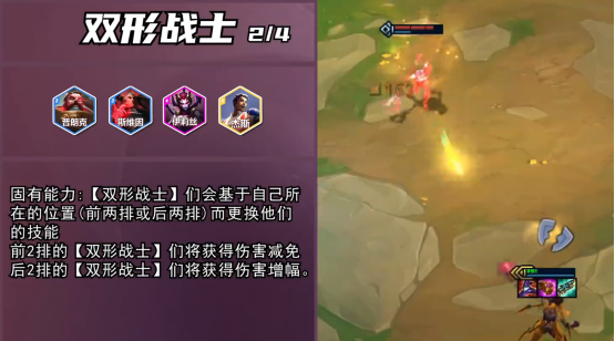 双形战士技能对比图：左侧角色持巨盾格挡火焰攻击，右侧同角色手持等离子刃发动三段斩击，中间用闪电箭头连接，标注‘站位切换→技能形态进化’