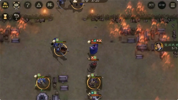 第二回合战术布局图：荀彧与典韦已占据左侧营帐制高点，曹操与夏侯惇分列中路两侧，许褚立于右前排开启金色大招特效，箭头显示技能释放方向与覆盖范围