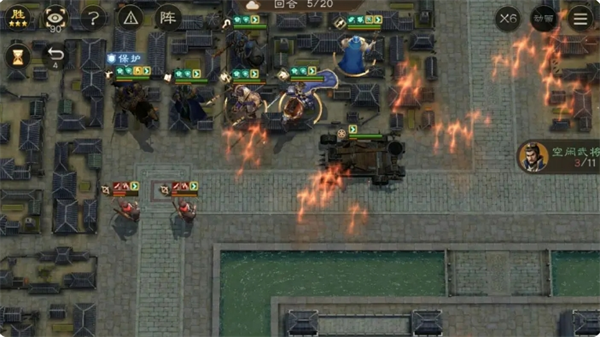 《新三国志曹操传》战斗特写画面：典韦怒目持双戟迎击吕布，赤兔马扬蹄腾空，背景为燃烧的濮阳城门与漫天火矢特效，UI显示双方血条及‘对话中’状态标识