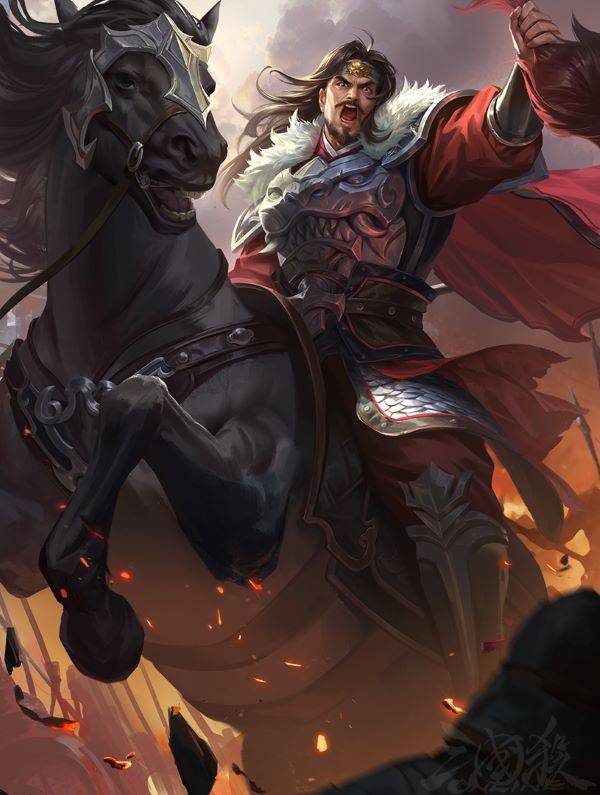 《三国杀OL》全新武将「谋」华雄立绘展示：身披玄铁重铠，手持长柄大刀傲立汜水关隘口，背景硝烟弥漫、旌旗猎猎，眼神凌厉如刃，尽显‘汜水关死神’压迫感