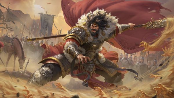 「势吞海岳·谋华雄」皮肤特写：华雄昂首挺立，赤色披风狂舞，铠甲细节繁复，脚下碎石飞溅，背景为崩塌的汜水关城墙与燃烧的联军战旗，气势磅礴