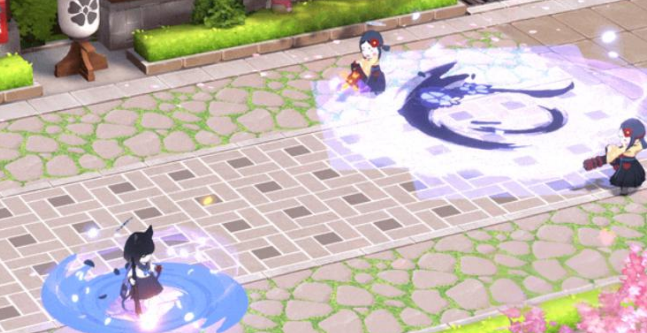 必杀技演出画面：棋盘网格上敌人被锁定于十字交叉点，桐生桔梗指尖划过空气引发蓝色数据波纹，目标头顶浮现破碎盾牌图标与-15%防御力debuff标签